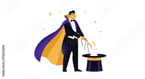 A magician performing a magic trick with a rabbit in a hat, illustration of magic