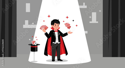 A magician performing a magic trick with playing cards and a hat in a spotlight