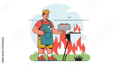 An animated illustration of a man grilling food on a barbecue outdoors illustration