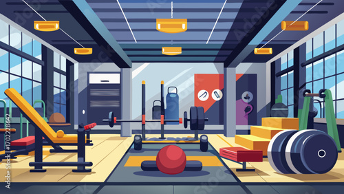 Vector art of gym interior with equipment for fitness and bodybuilding, including barbells, dumbbells, benches, and weights, creating a space for exercise and training