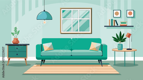 Vector art of living room interior with a green sofa, pillows, a window, a lamp, a table, and decorations, creating a cozy and stylish home environment