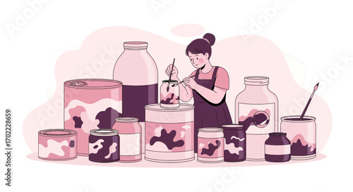An artist diligently mixing colors in a glass jar within a pink and purple palette