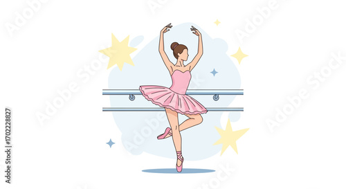 An elegant pink ballerina performing ballet in the studio with stars and a ballet bar