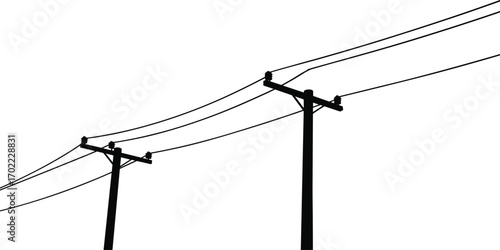 Minimalist silhouette of two utility poles with electrical power lines against white background, energy transmission cables, clean vector art, modern electrical infrastructure