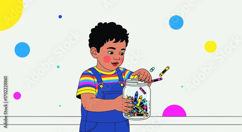 An illustrated child holding a jar full of colorful crayons creates a playful scene