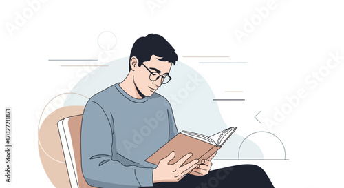 A man reading a book, illustration of a person in glasses and casual clothes reading