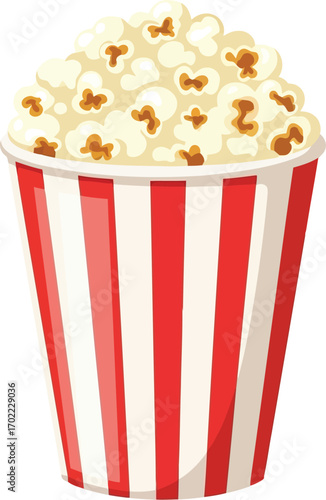 Classic red stripe popcorn bucket full of freshly popped corn vector