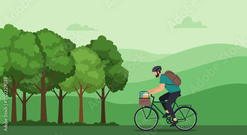 A man rides a bicycle in the park, with trees, enjoying nature and a healthy lifestyle