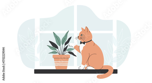 An illustration of a cat wearing a bow tie interacting with a potted plant