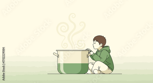 An illustration of a child curious about the food in the pot and the steam