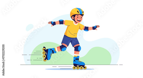 An illustration of a happy child roller skating on a sunny day, enjoying leisure