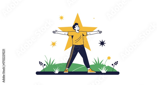 A man standing with open arms in front of a large star, happiness concept