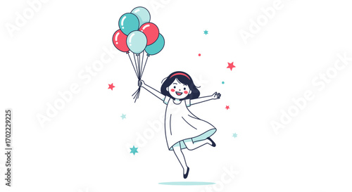 An Illustration of a Joyful Little Girl Having Fun with Balloons and Smiling