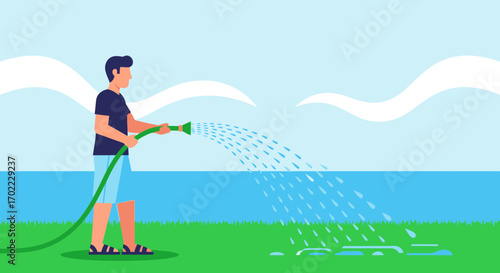 A man watering the lawn with a hose on a sunny day in the garden