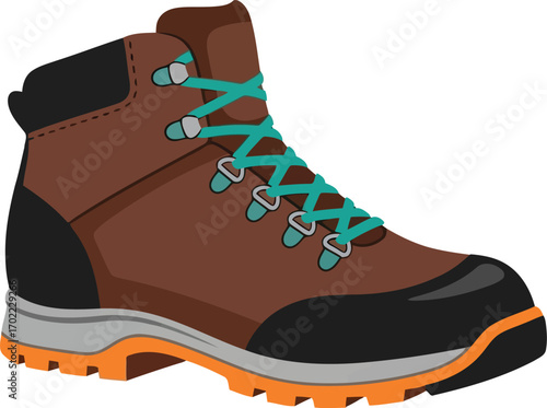 Durable brown hiking boot with teal laces for outdoor adventure vector