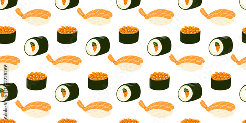 Sushi illustrations featuring various types of sushi rolls and sashimi on a white background