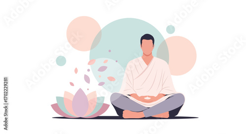 A Meditating Man in Lotus Position with a Lotus Flower and Colorful Spheres Around