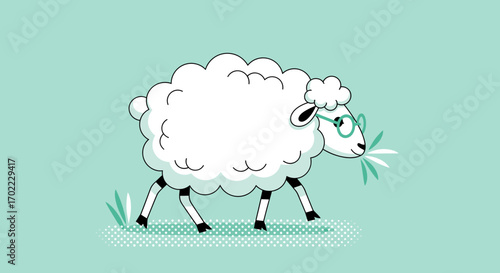 An Illustration of a Sheep Wearing Glasses Eating Grass on a Light Green Background