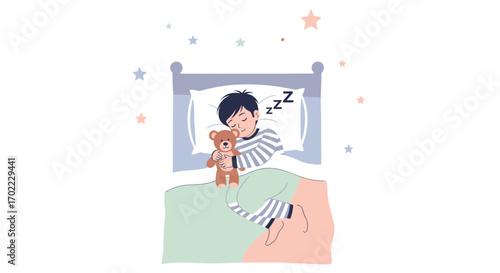 An illustration of a sleeping child in bed with a teddy bear and stars above