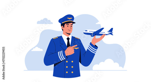 An Illustration Of A Smiling Air Pilot Holding A Miniature Airplane, Concept of Travel