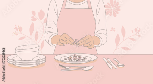 A person arranging flowers on a plate, preparing a table for dining with tableware