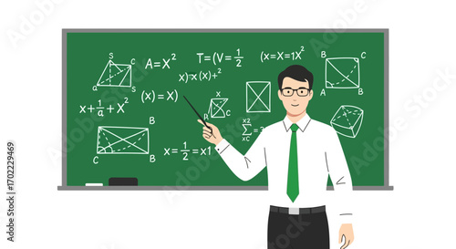 An illustration of a teacher explaining math concepts and theorems on a chalkboard