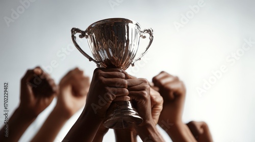 Hands Raised Holding Shiny Trophy in Celebration of Success and Achievement Against Neutral Background