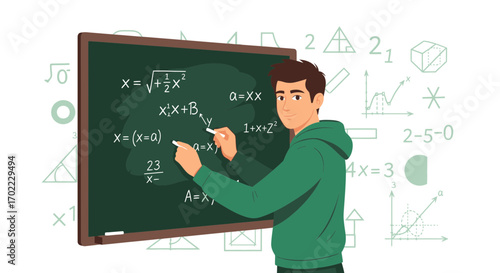 An illustration of a teacher explaining mathematical equations on a chalkboard in a classroom