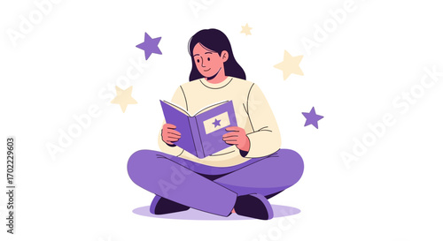An illustration of a woman reading a book sitting cross-legged with stars around her
