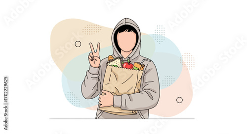 A person holding a grocery bag with vegetables and fruits gives the peace sign