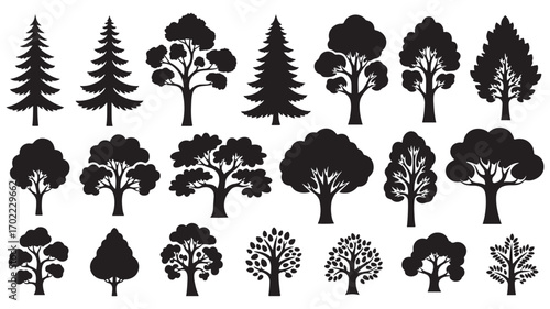Tree Silhouettes Assorted Black Trees, Graphic, Woodland Foliage, Nature Designs, Diverse Forest Shapes