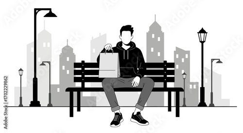 A Person Resting On Bench With A Shopping Bag Within A City Environment