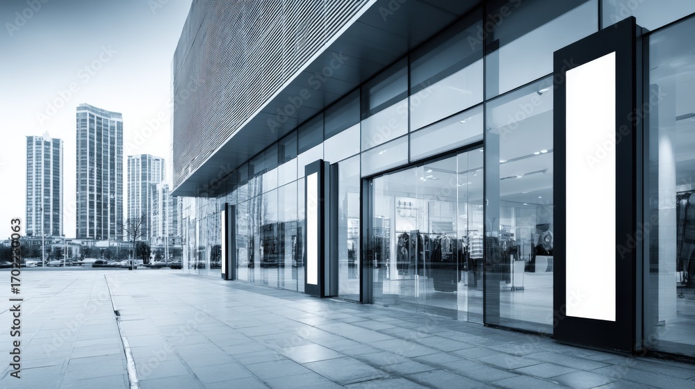 Obraz premium Modern Office Building Exterior with Glass Facade and Empty Advertising Mockups in a Business District
