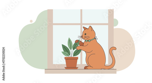A Playful Ginger Cat Interacting With A Potted Plant Near A Window Sill