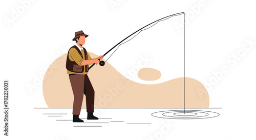 Angler Casting Line, Embracing Serenity, Fishing in Calm Waters, Capturing Moments