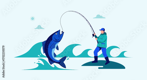 Angler's Triumph: Catching a Big Fish, An Exciting Illustration Of Recreational Fishing