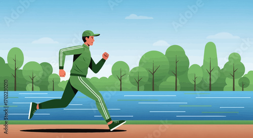A runner enjoys a morning jog in a park with trees running along the riverbank