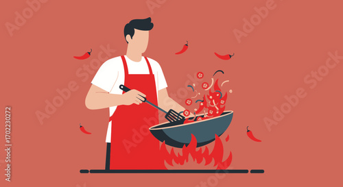 Animated Cook Preparing A Spicy Dish On A Flaming Stove In The Kitchen Area