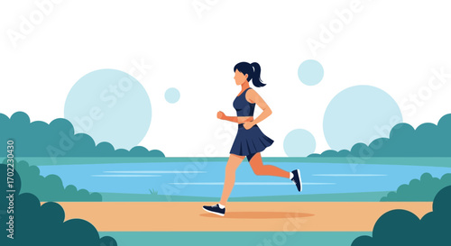 Animated Female Runner Exercising Outdoors for Fitness in Natural Landscape Environment