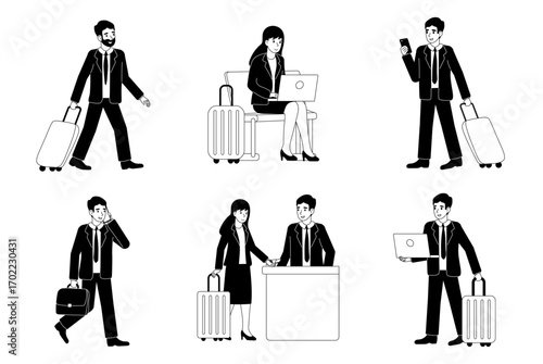 Business travelers engage in various activities at the airport during a busy weekday afternoon