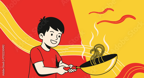 Animated Illustration Depicting a Smiling Young Person Cooking Noodles in a Frying Pan
