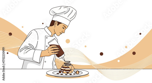 A Skilled Chef Carefully Garnishing a Geometric Dessert Creation with Chocolate Sauce