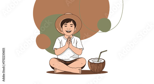 A Smiling Boy Meditates With A Coconut In An Artistic Digital Illustration