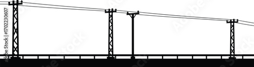 Silhouette of electrical transmission towers and wires over highway bridge, power infrastructure, utility poles, energy lines, industrial landscape, vector illustration