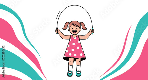 A Smiling Little Girl Jumping Rope with Joy and Energy in a Playful Cartoon