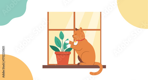 Animated Orange Cat Near Window With Pot Plant, Engaging In Playful Exploration Today