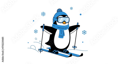 Animated Penguin Joyfully Skiing Downhill on a Snowy Day in a Winter Wonderland