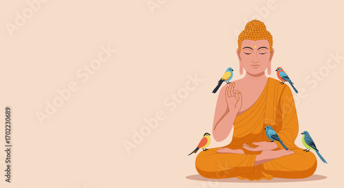Buddha meditating with colorful birds on a pastel background   for wellness and mindfulness programs marketing