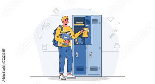 A Student with Books Organizing in a School Locker at School Environment