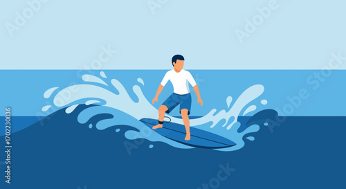 A surfer in action riding a wave on a surfboard in the ocean illustration